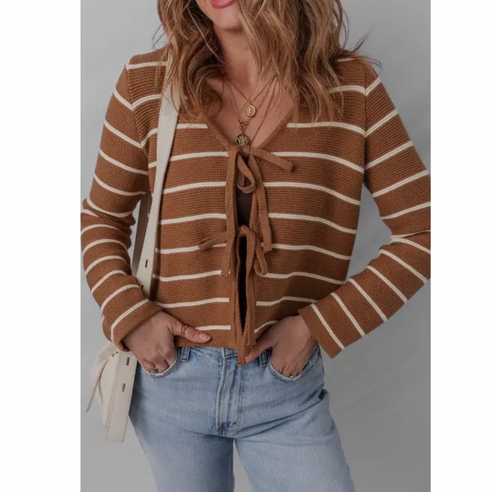 The Reflections Collection Front Tie Brown White Stripe Knit Cardigan Sweater M
